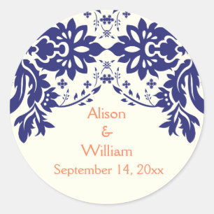 Sticker Rond Damask marine bleu, corail, mariage Enregistrer la