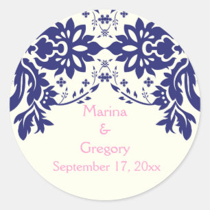 Sticker Rond Damask marine bleu, rose, mariage Enregistrer la d