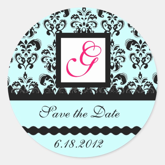 Sticker Rond DAMASK MONOGRAM, rose fuchsia bleu (Devant)