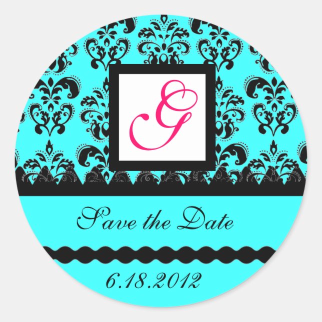 Sticker Rond DAMASK MONOGRAM, rose fuchsia bleu turquase (Devant)