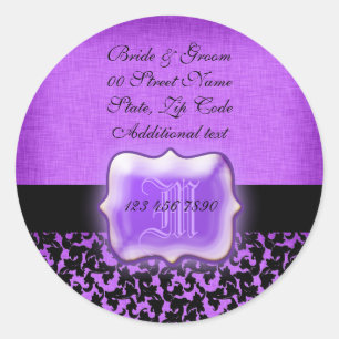 Sticker Rond Damassé florale de mariage noir pourpre de