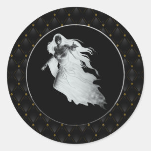 Sticker Rond Dame à la bordure noire en fantôme blanc Halloween