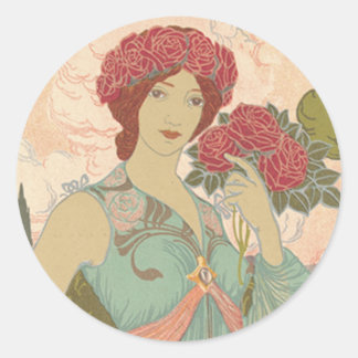 Sticker Rond Dame Art Nouveau avec Rose