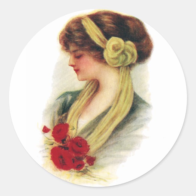 Sticker Rond Dame avec Roses (Devant)