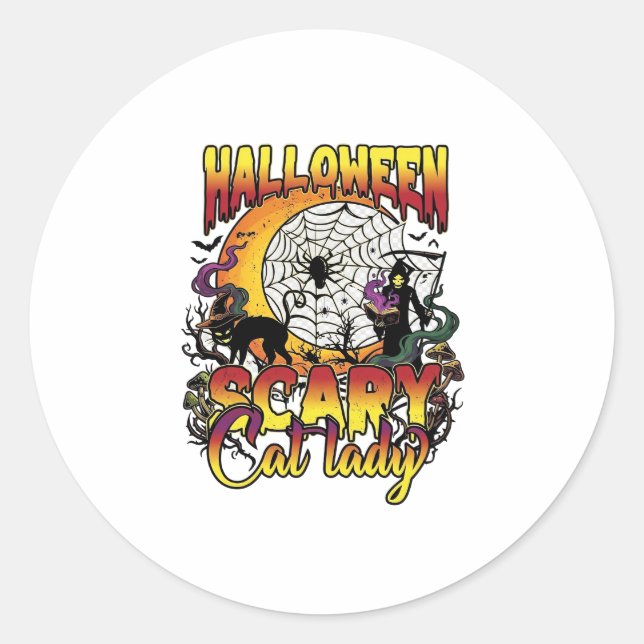 Sticker Rond Dame de chat effrayante Halloween Faucheuse Lune M (Devant)