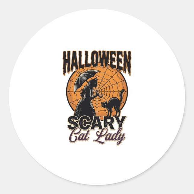 Sticker Rond Dame de chat effrayante Halloween Sorcière Web Vin (Devant)