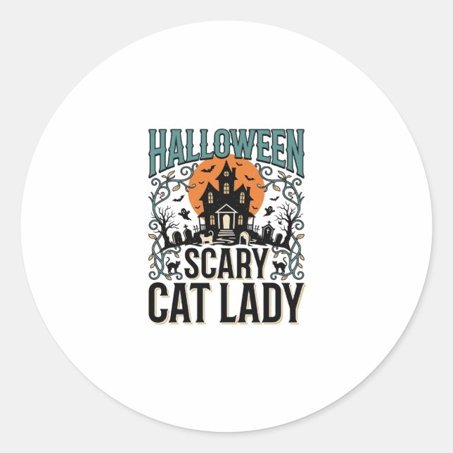 Sticker Rond Dame de chat Halloween Maison hantée effrayante Vi (Devant)