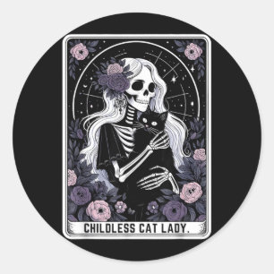 Sticker Rond Dame de chat sans enfants Carte de tarot squelette