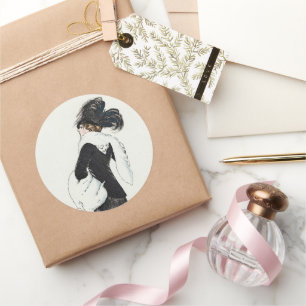 Sticker Rond Dame de mode vintage, manteau de fourrure haute co