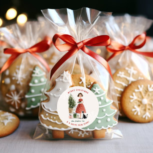 Sticker Rond Dame de Noël Vintage avec Chat Personnalisé