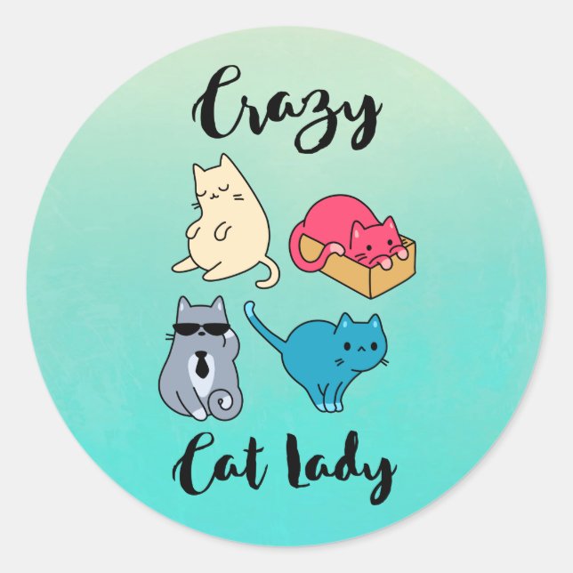 Sticker Rond Dame du chat fou et 4 chats mignons (Devant)