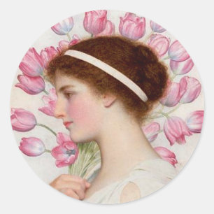 Sticker Rond Dame en robe classique avec tulipes roses