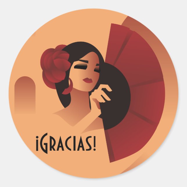 Sticker Rond Dame espagnole avec ventilateur et rose rouge chev (Devant)