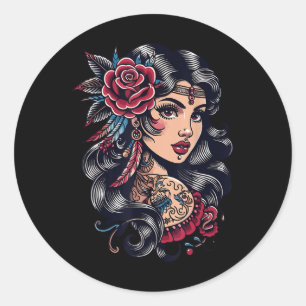 Sticker Rond Dame tzigane _ Style Boho _ Tatouage Art _ Tee Vin