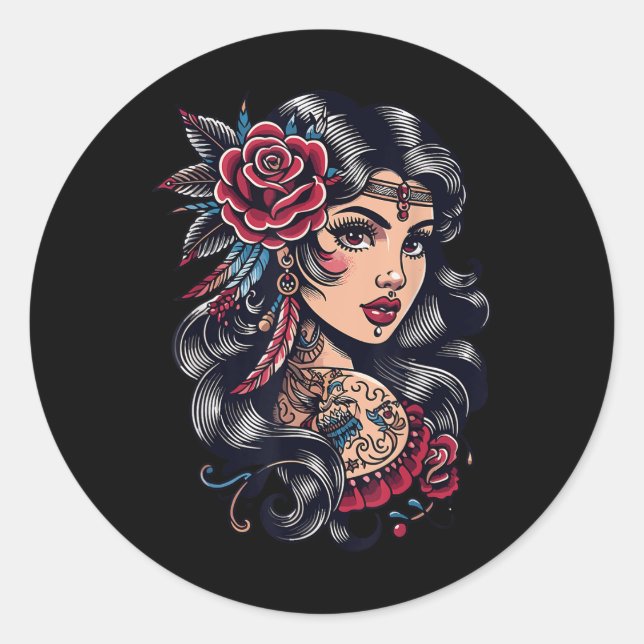 Sticker Rond Dame tzigane _ Style Boho _ Tatouage Art _ Tee Vin (Devant)
