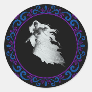 Sticker Rond Dame violette Bleue En Blanc Fantôme Halloween