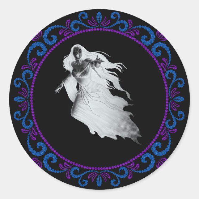 Sticker Rond Dame violette Bleue En Blanc Fantôme Halloween (Devant)