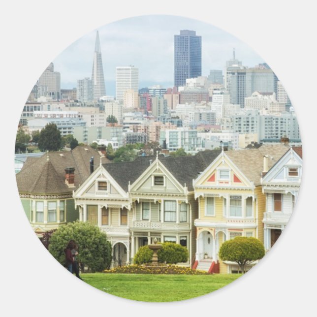 Sticker Rond Dames peintes, maisons victoriennes et skyline (Devant)