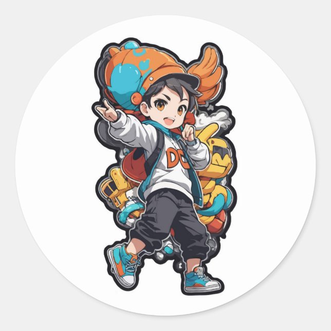 Sticker Rond Dancing Boy with Robot Sidekick Cartoon Design (Devant)