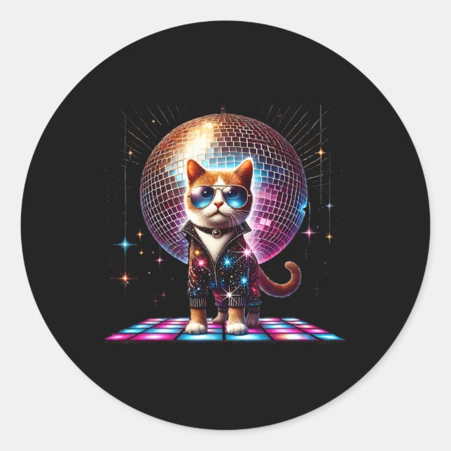 Sticker Rond Dancing Chat Disco Ball Kitten Kitty Lover Drôle P (Devant)