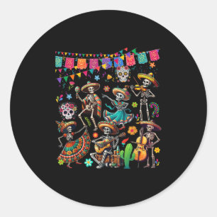Sticker Rond Dancing Group Floral Skeletons Mexicains Dia De Lo