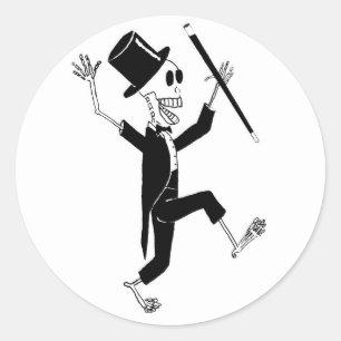 Sticker Rond Dancing Skeleton à Tuxedo et Top Hat avec canne