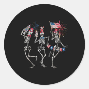 Sticker Rond Dancing Skeleton Us Drapeau 4 juillet Fireworks Pa