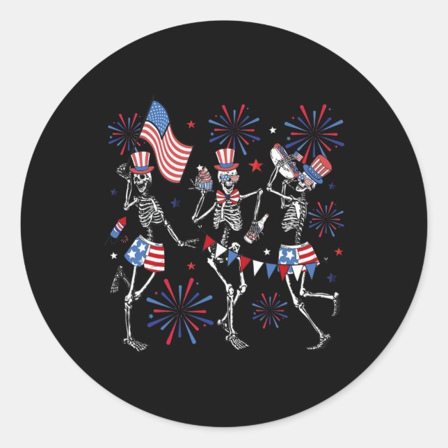 Sticker Rond Dancing Skeleton Us Drapeau Feu d'artifice Patriot (Devant)
