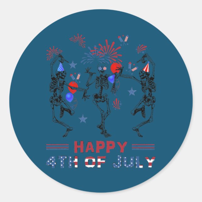 Sticker Rond Dancing Skeletons Fireworks Happy 4th of July (Devant)