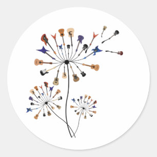 Sticker Rond Dandelion Fleurs Guitare Musique Lover Guitarliste