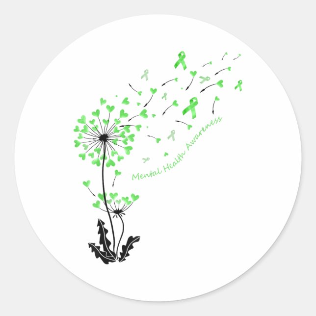 Sticker Rond Dandelion Heart Green Ribbon Santé mentale Lauréat (Devant)
