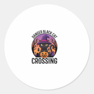 Sticker Rond Danger Halloween Chat Noir Traversée
