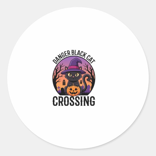 Sticker Rond Danger Halloween Chat Noir Traversée (Devant)