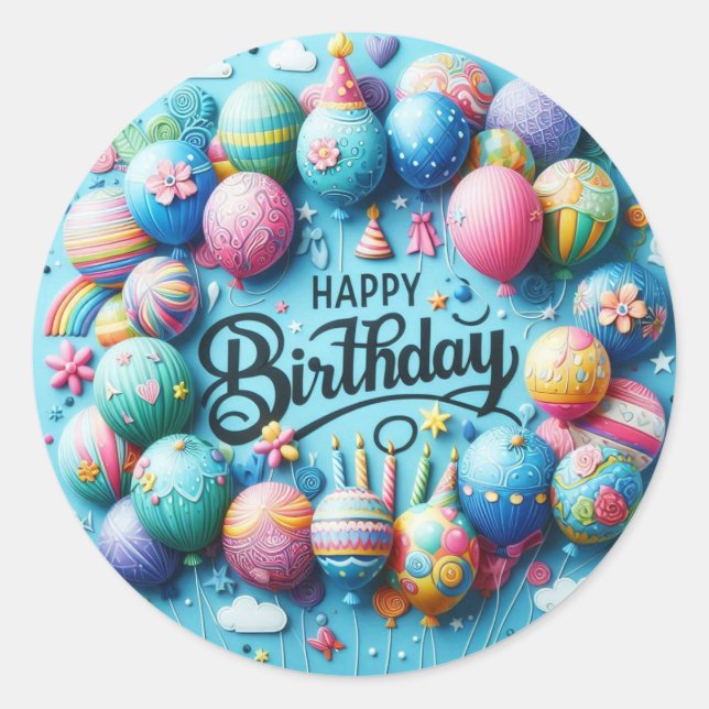 Sticker rond d'anniversaire heureux - Ballons colo (Devant)
