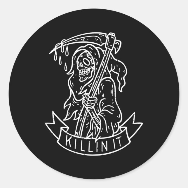 Sticker Rond Dans Il Grimpe Reaper Tatouage Distressé (Devant)