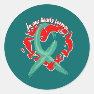 Sticker Rond Dans nos coeurs pour toujours le ruban Turquoise
