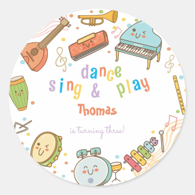 Sticker Rond Danse chanter et jouer anniversaire de enfant (Devant)