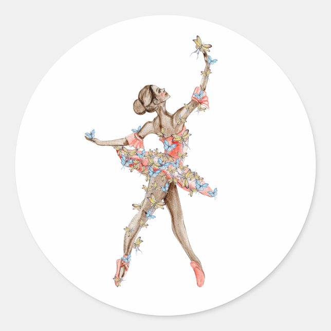 Sticker Rond Danse d'aquarelle ballerine avec papillon (Devant)