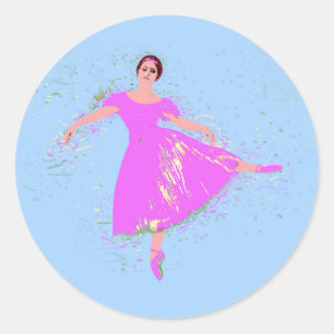 Sticker Rond Danse de Ballerina en Robe Rose Magenta