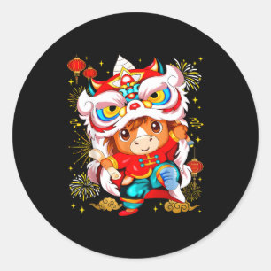Sticker Rond Danse de lion de cheval drôle Nouvel An chinois en