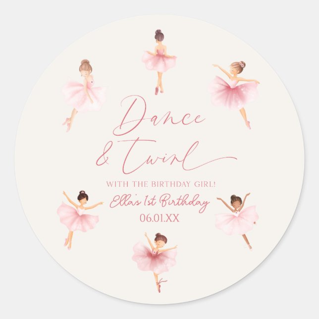Sticker Rond Danse & Twirl Rose Ballerina Ballet Anniversaire (Devant)