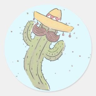 Sticker Rond Danser Cactus avec Moustache à Sombrero