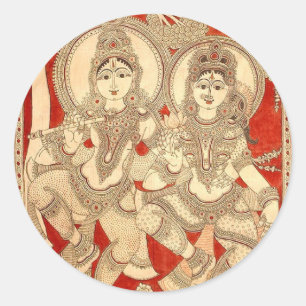 STICKER ROND DANSER RADHA KRISHNA KALAMKARI ART DE L'INDE