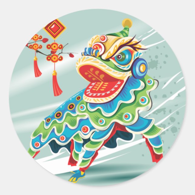 Sticker Rond Danseur du lion bleu chinois (Devant)