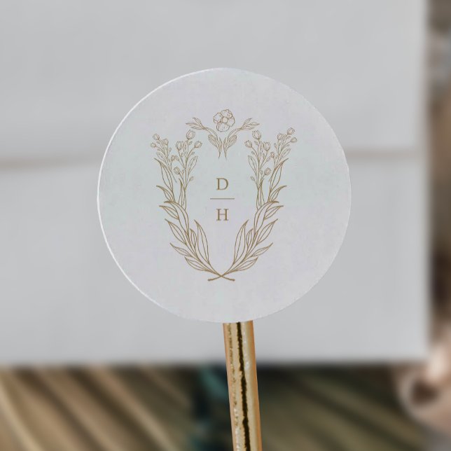 Sticker Rond DAPHNE Botanique Or Blanc Fancy Mariage Monogramme (DAPHNE Botanical Gold White Fancy Wedding Monogram Classic Round Sticker)