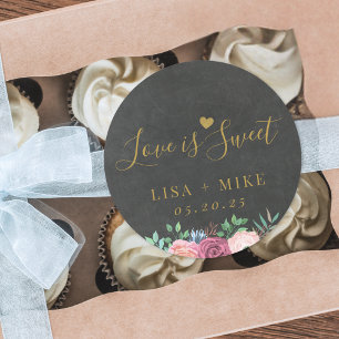 Sticker Rond Dark and Gold Floral Love is Sweet Wedding Favor