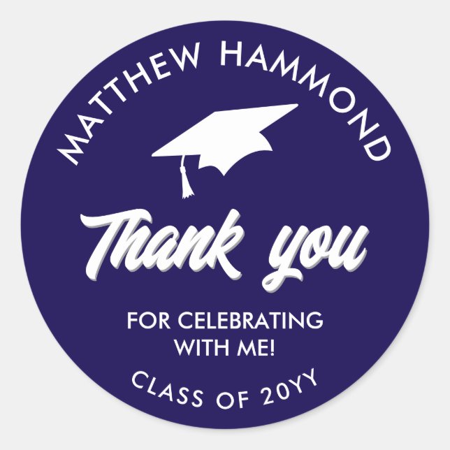 Sticker Rond Dark Blue Graduating Class Thank You Grad Cap (Devant)