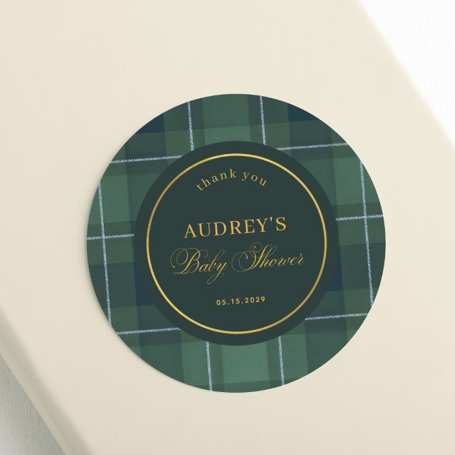 Sticker Rond Dark Green Tartan Polo Plaid Baby Shower Thank You (Créateur téléchargé)