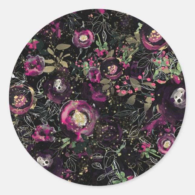 Sticker Rond Dark Moody Berry Plum Étincelle Florale Moderne (Devant)