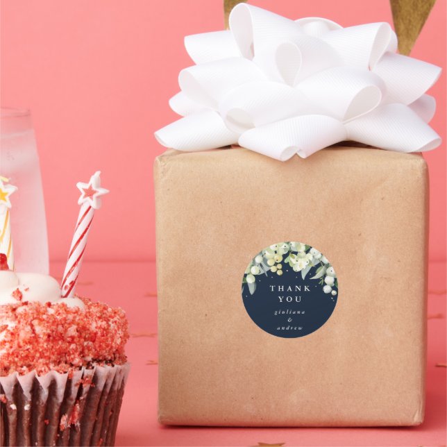 Sticker Rond Dark Navy Snowberry+Eucalyptus Merci Mariage (Fête)